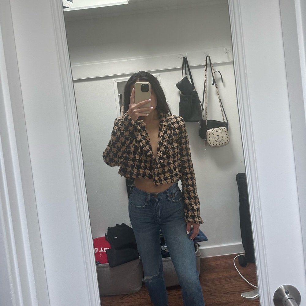 Zara Houndstooth Tweed Cropped Blazer